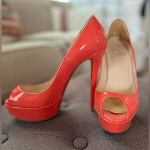 Christian Louboutin Coral Orange Platform Patent Leather Peep Toe 36